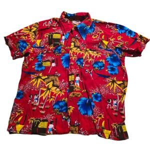 vintage hawaiian holiday red button up shirt men size L Red Tropical
